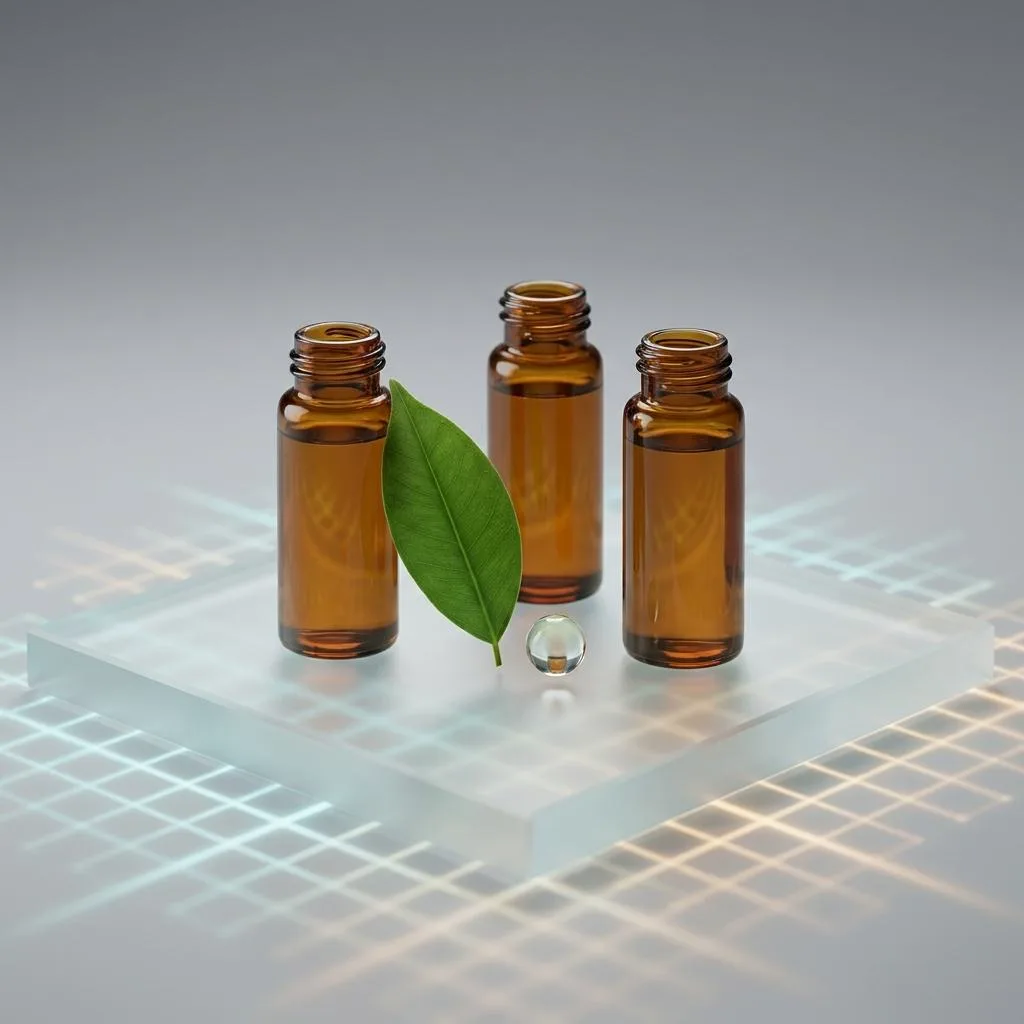 An artistic composition of glass vials containing natural cosmetics and a precise drop of essential oil, arranged against a subtle, backlit digital grid symbolizing production management.