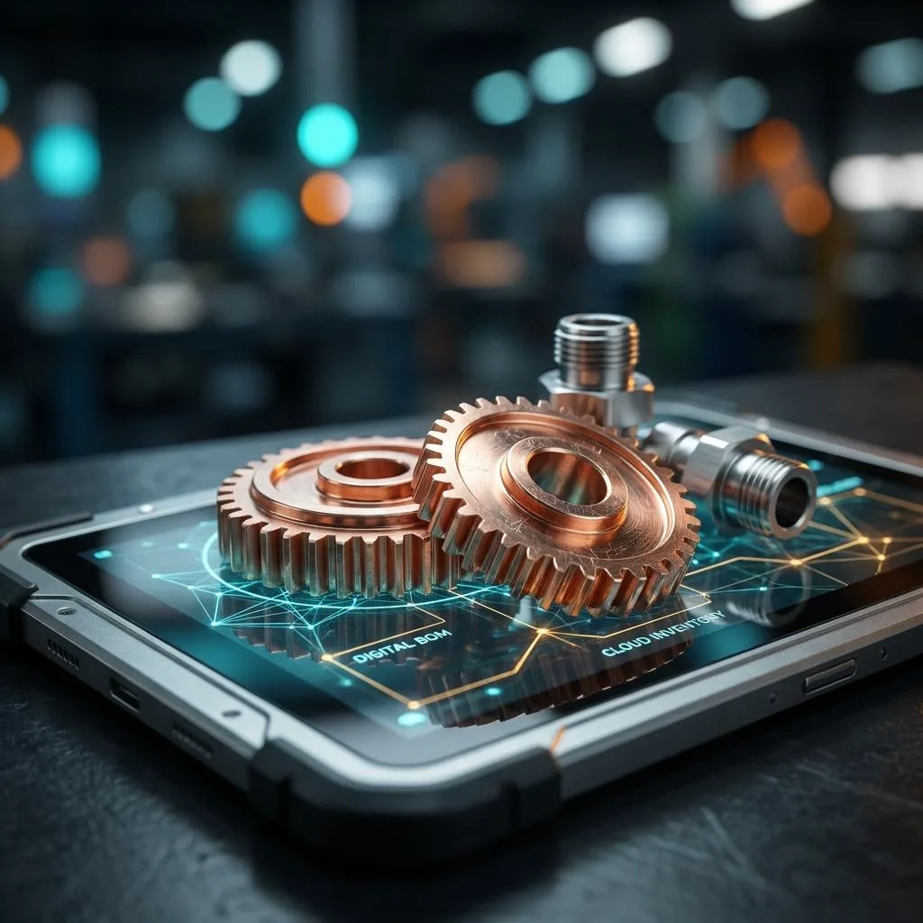 Macro close-up of precision metal components resting on a backlit industrial tablet screen, symbolizing digital BOM structures in modern manufacturing.