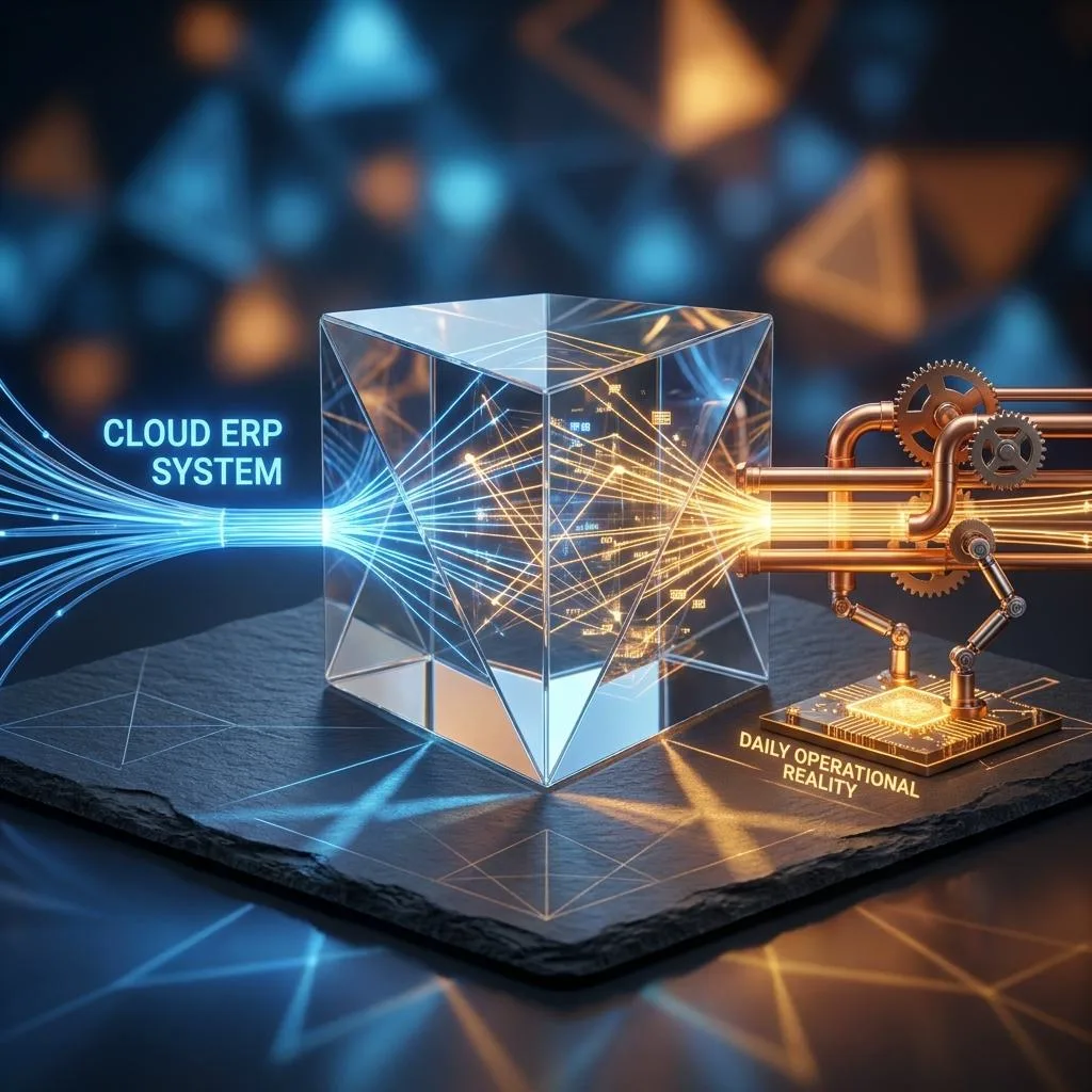 A realistic photograph of a geometric prism transforming cold blue light into a warm golden glow, symbolizing the role of the Key User in the ERP implementation process.