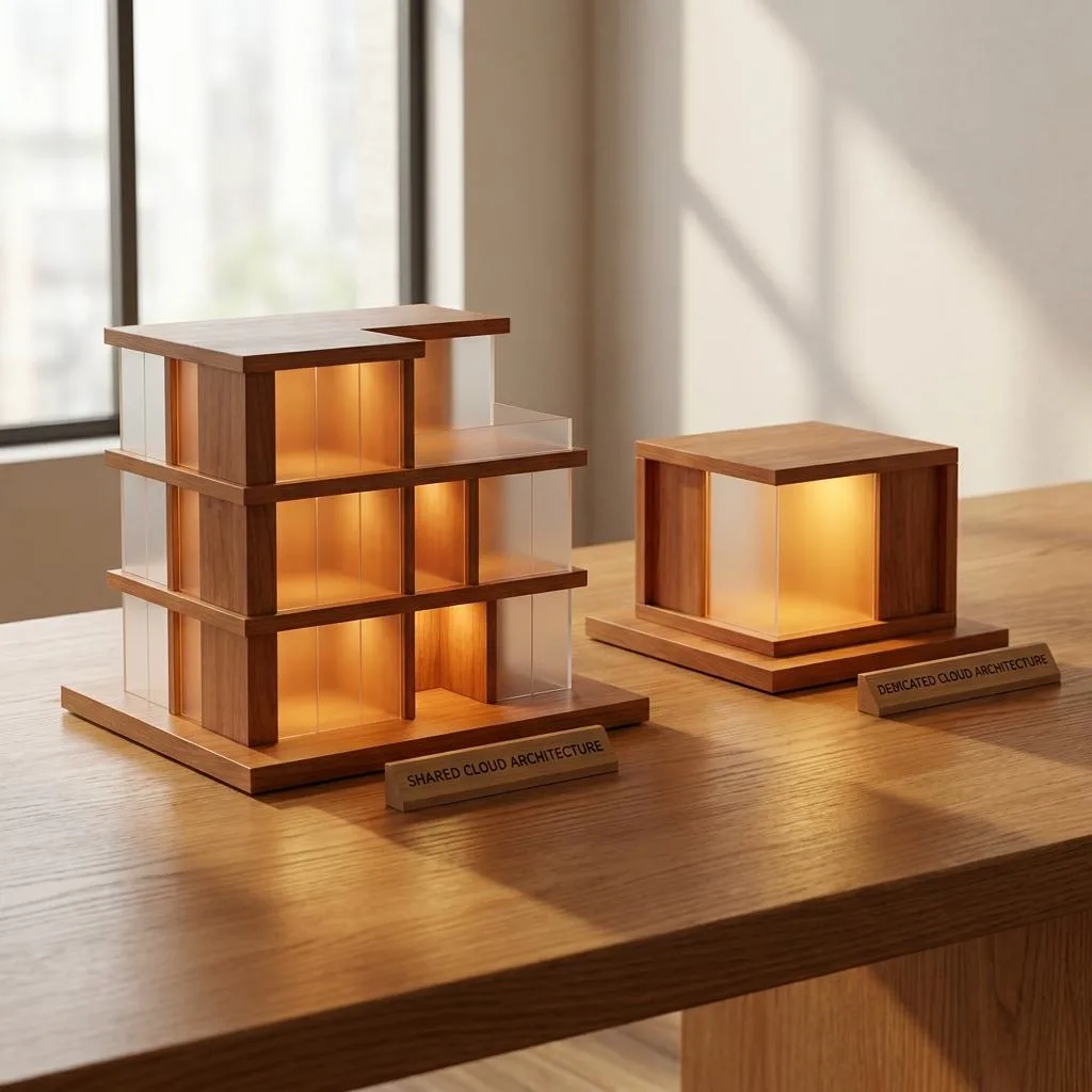 Two elegant wooden-and-glass architectural models on an oak desk, illuminated by sunlight, symbolizing shared and dedicated cloud architecture.