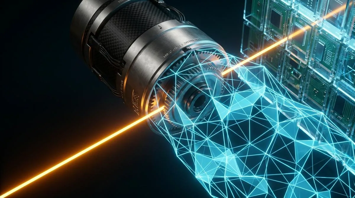 An abstract technology photograph showing a titanium manufacturing component connected to a luminous, geometric AI grid, separated from deep shadows by a bright orange line.