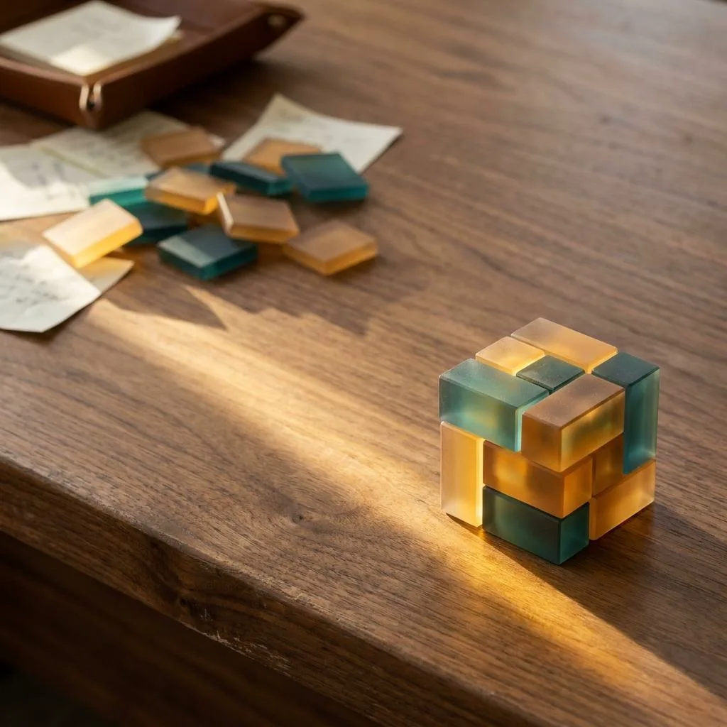 Photograph on a wooden desk: scattered glass tiles joining together into a single solid, sunlit block, symbolizing the integration of disconnected tools into one unified system.