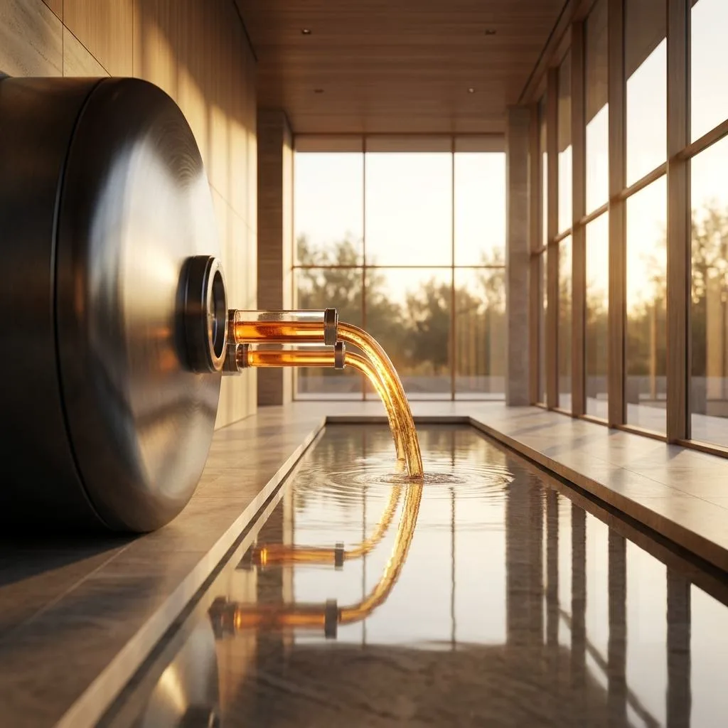 An architectural metaphor for reclaiming data sovereignty: a stream of luminous liquid flowing from a locked vault into a vast, sunlit reservoir representing an independent Data Lake.