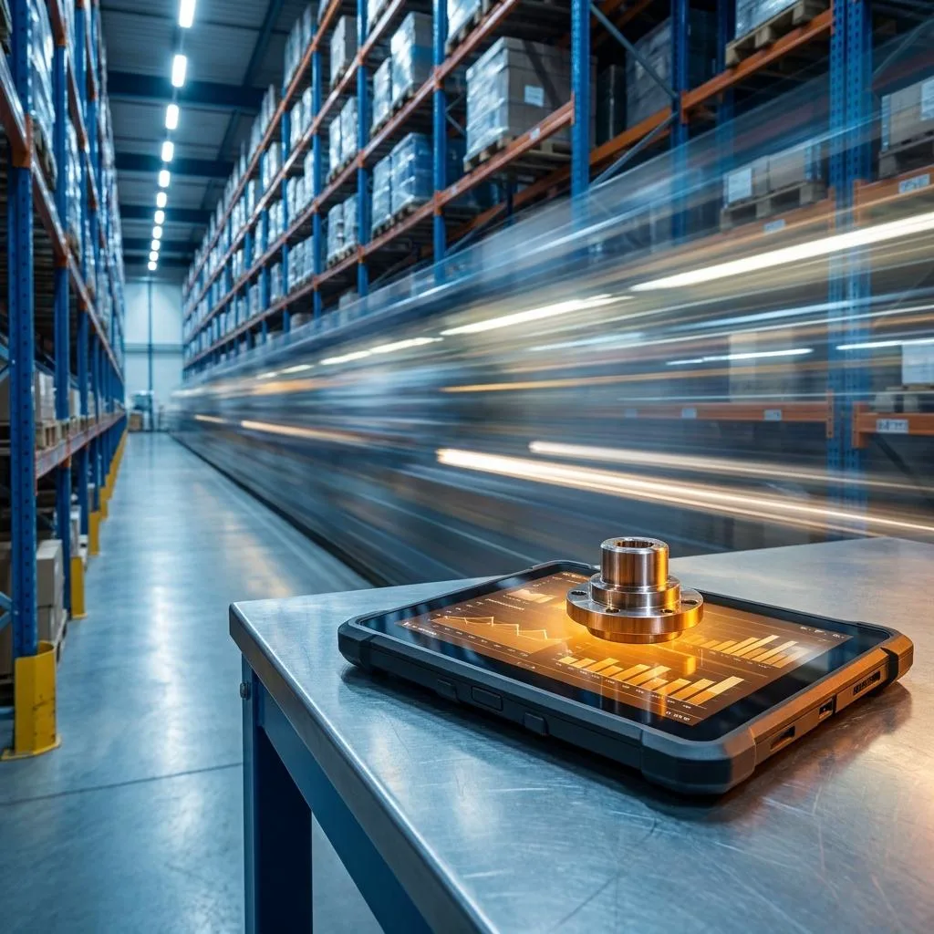 An industrial tablet displaying statistics with a spare part resting on it, against a backdrop of dynamically blurred warehouse shelving, symbolizing automation within an ERP system.