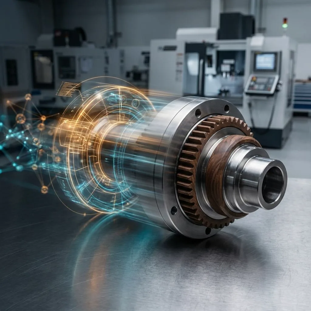 A dynamic photograph showing a luminous digital model seamlessly transforming into a physical element made of metal and wood against the backdrop of a modern production facility.