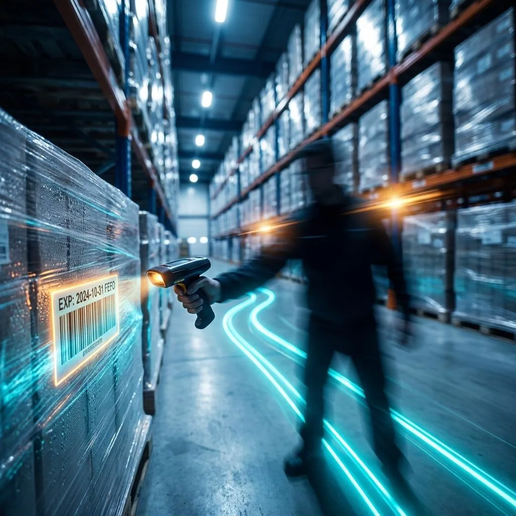 A wide-angle shot of an FMCG warehouse with dynamic pallet scanning activity, symbolizing an automated FEFO strategy and expiry date control managed by an ERP system.