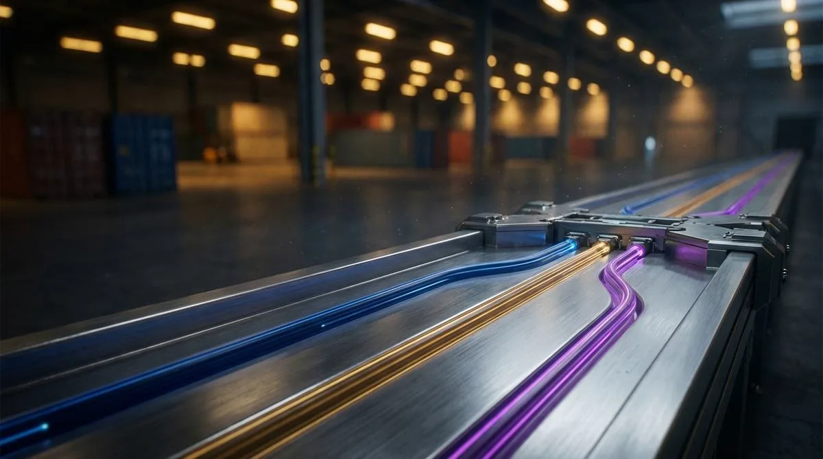 Three luminous data streams converging on metal tracks in a modern logistics sorting facility, set against a dark background with a blur effect.