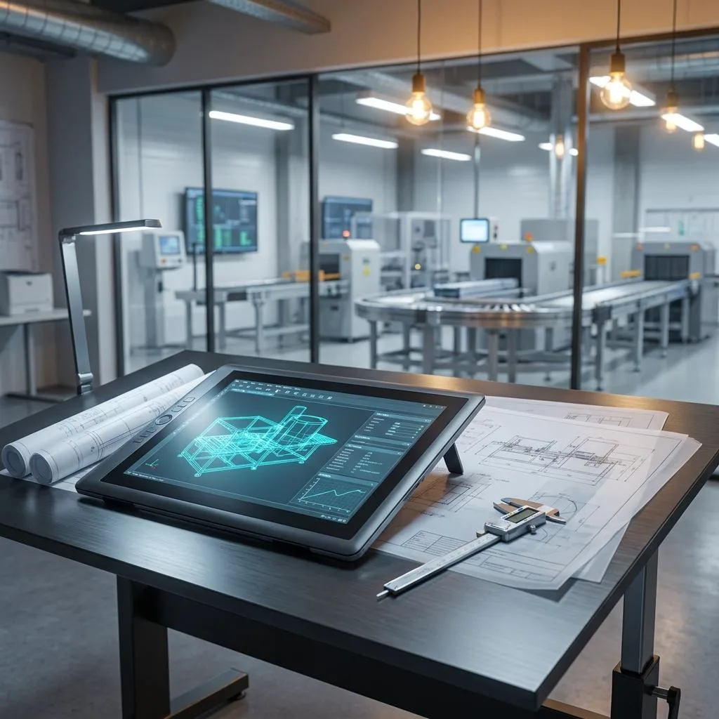 A dynamic close-up angle of a modern engineering desk with a tablet displaying a 3D CAD model, technical drawings, and a caliper, against the backdrop of a blurred logistics office.
