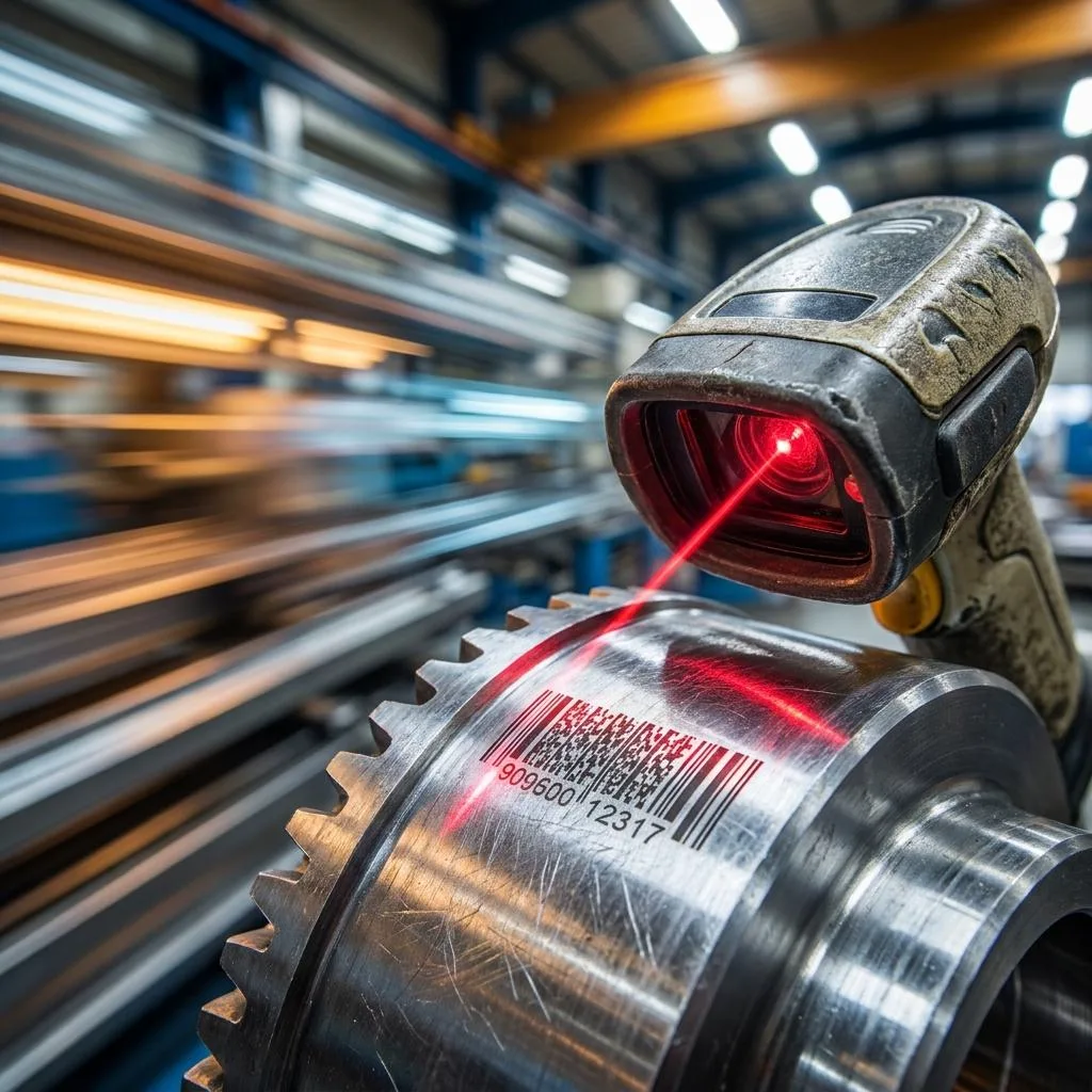 Macro close-up of an industrial laser scanner reading data from a metal part against the backdrop of a busy, motion-blurred production floor.