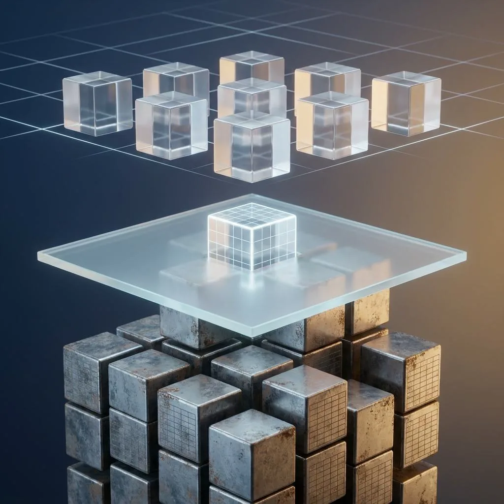 An abstract, symmetrical photograph depicting the process of data transformation, where raw metal blocks are converted into perfectly arranged, luminous structures after passing through a glass panel.