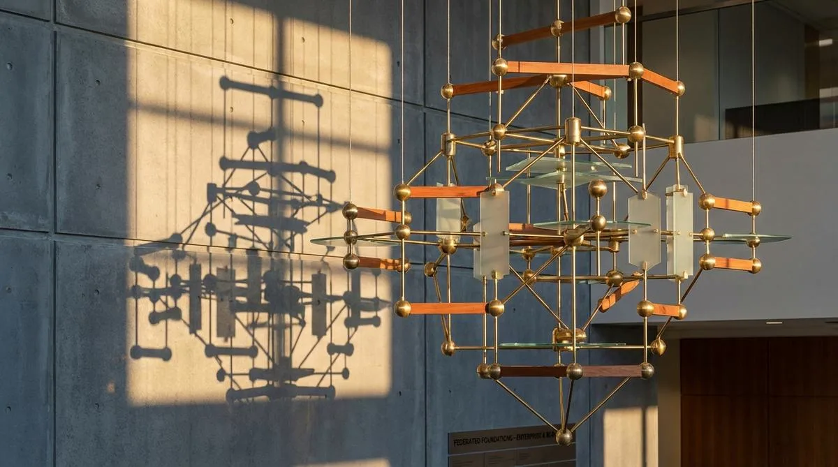 A photograph of an elegant network-structured sculpture made of wood, brass, and glass, casting intricate shadows on a concrete wall in warm sunlight, serving as a metaphor for scalable business architecture.