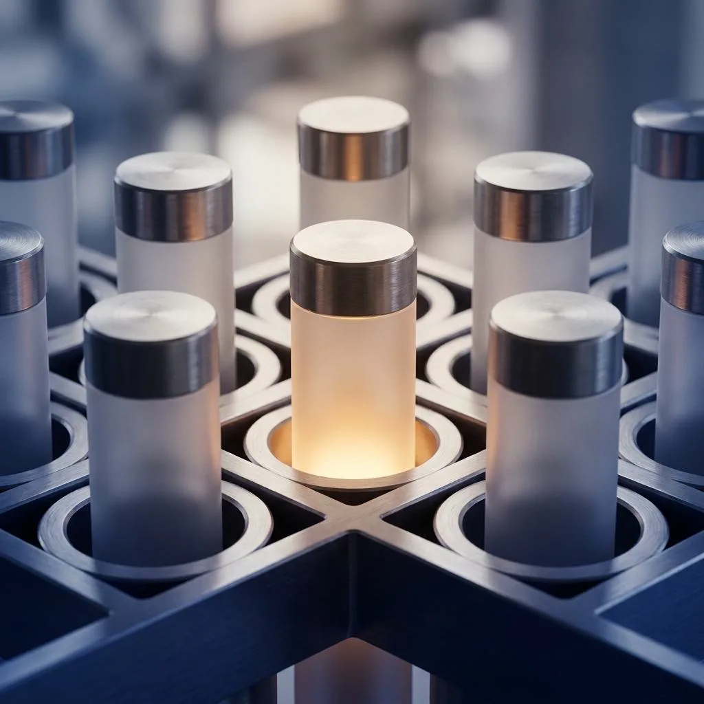 A minimalist photographic composition featuring precisely fitted glass and metal elements arranged in a symmetrical matrix, symbolizing automatic resource allocation within a company.