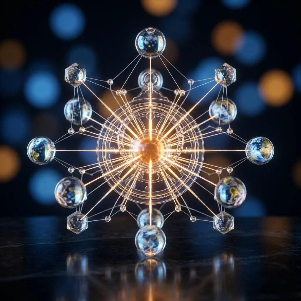 A symmetrical photographic composition depicting a luminous knowledge graph in the form of a glass astrolabe against a dark background with a bokeh effect, symbolizing predictive artificial intelligence in ERP systems.