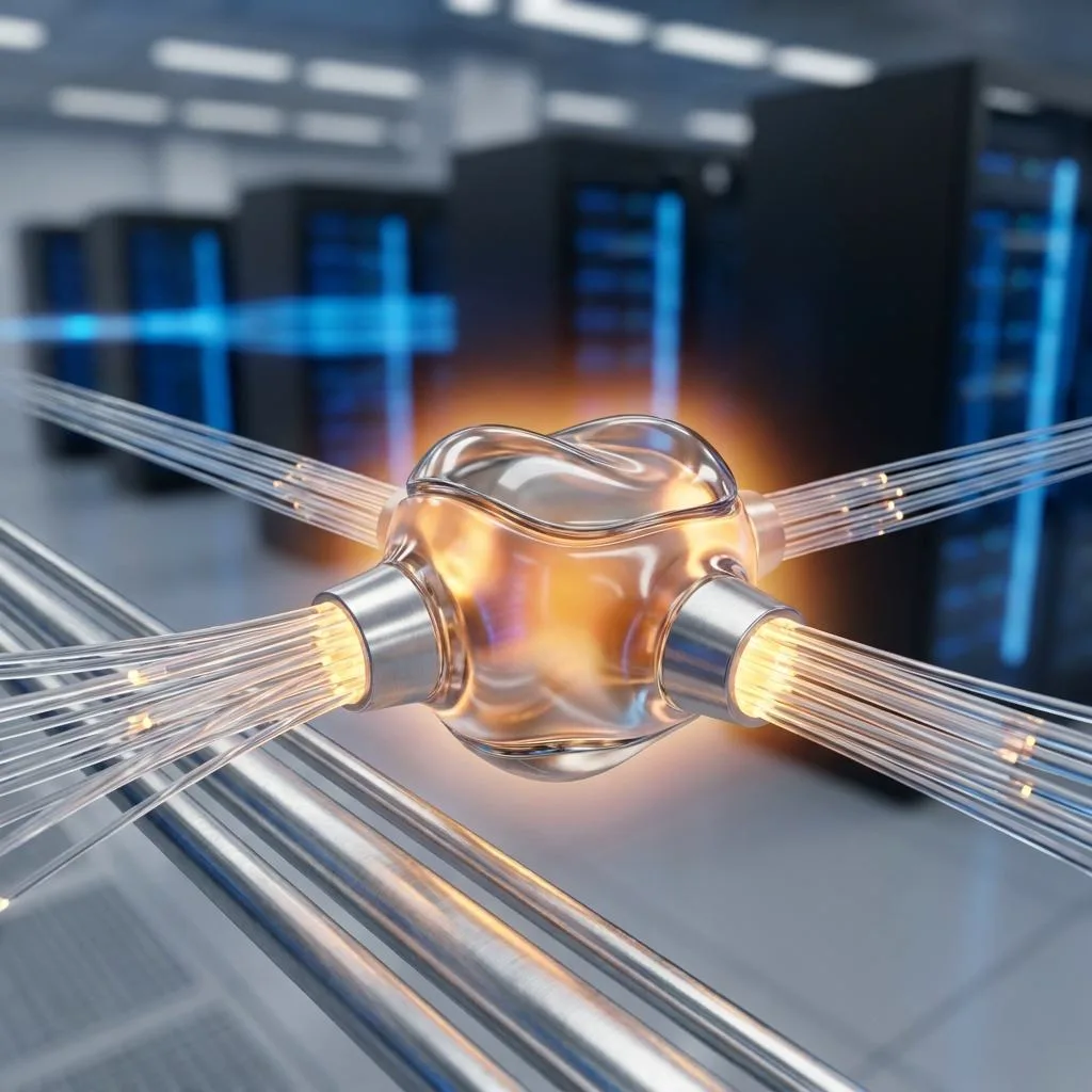 A macro photograph of luminous fiber-optic cables with an amber-pulsing node, symbolizing autonomous, self-healing IT infrastructure.