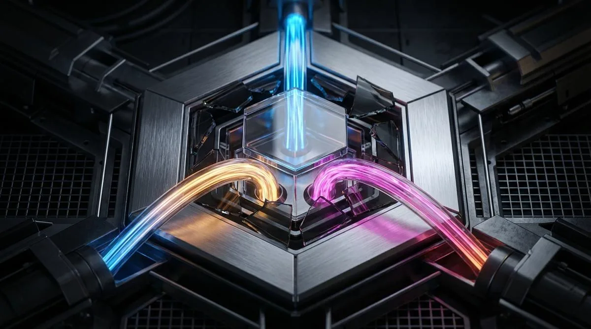 A symmetrical, technological macro-photography composition showing three differently colored streams of fiber-optic light converging at a single central point, surrounded by shards of shattered dark glass.