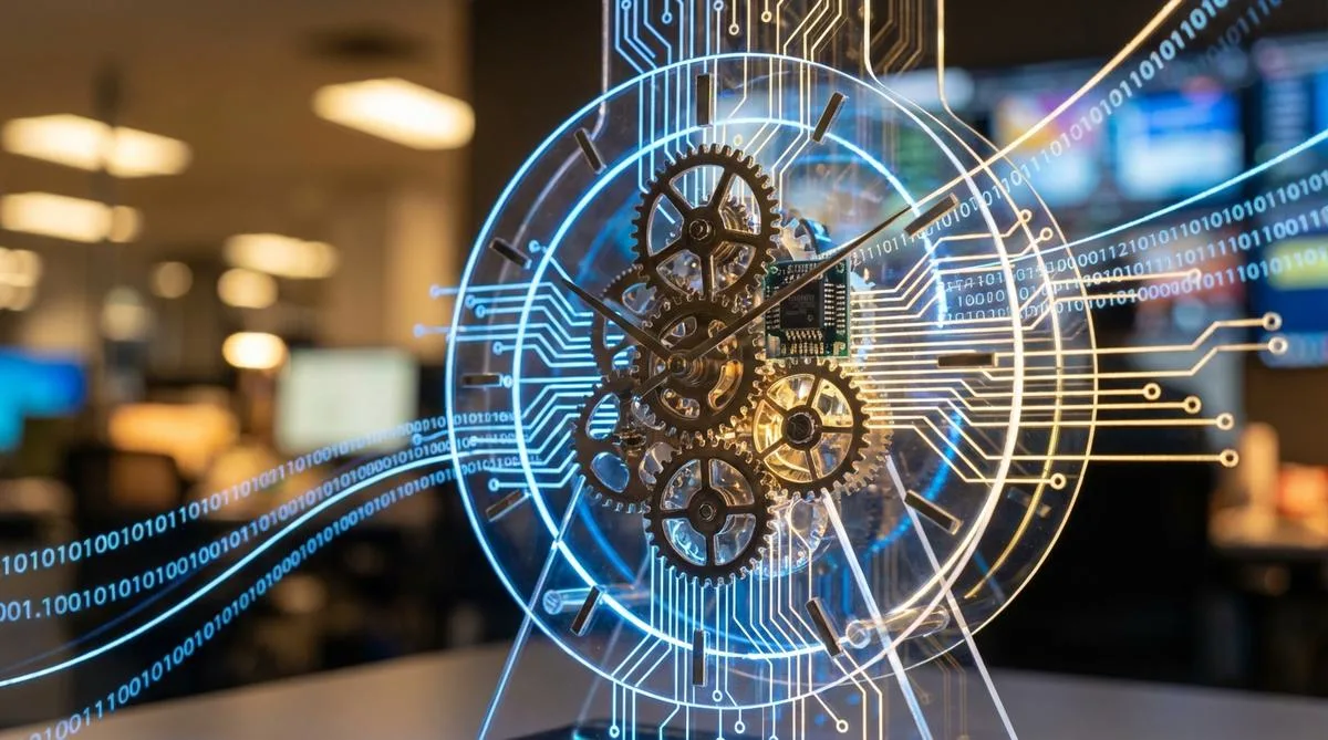An abstract representation of a clock with digital elements, symbolizing innovative approaches to time management in the digital age.