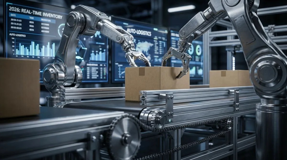 A detailed close-up view showing the complexity of an automation system in a warehouse, with mechanical robot arms and screens displaying inventory data.