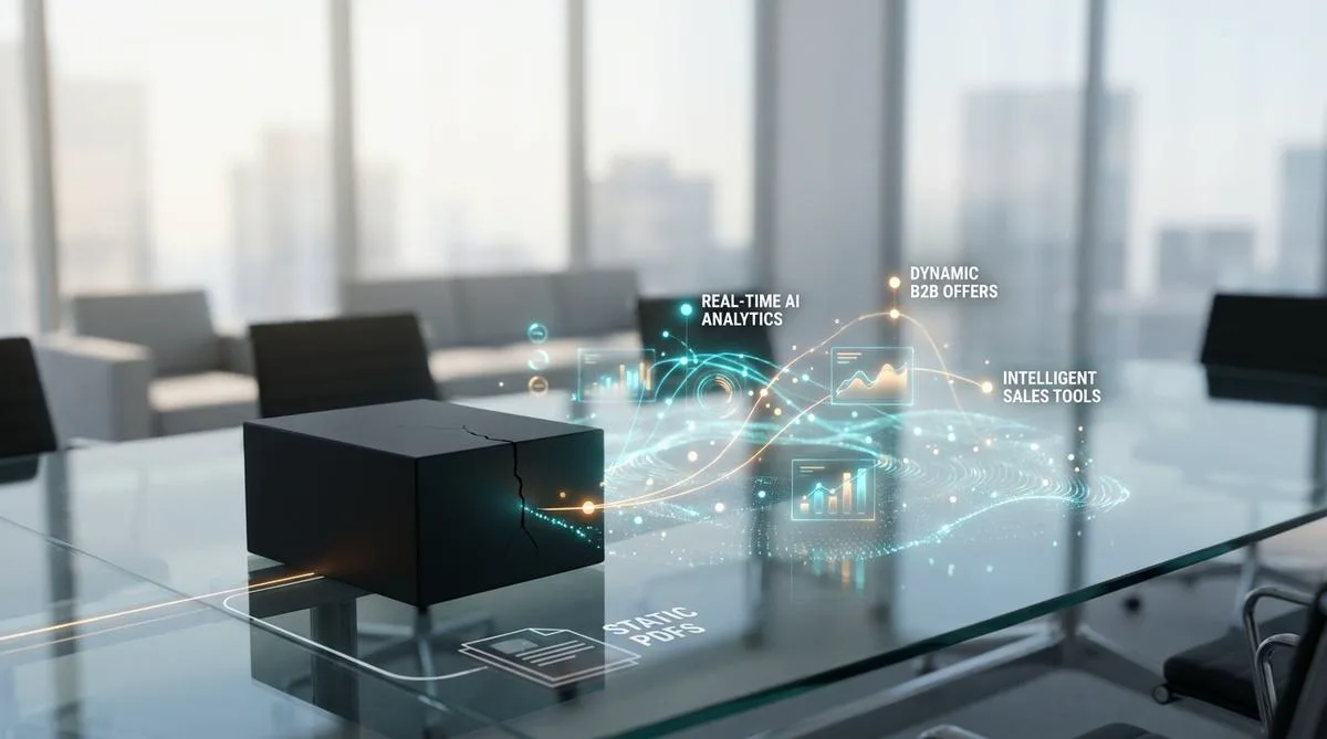 A matte black box on a glass conference table, from which luminous holographic charts and data streams pour out against the backdrop of a modern office.