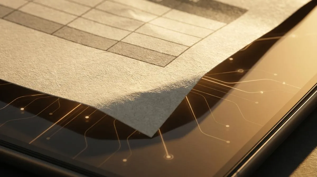 Macro close-up of a paper document with a table curling upward, beneath which a modern interactive surface is revealed, illuminated by warm light.