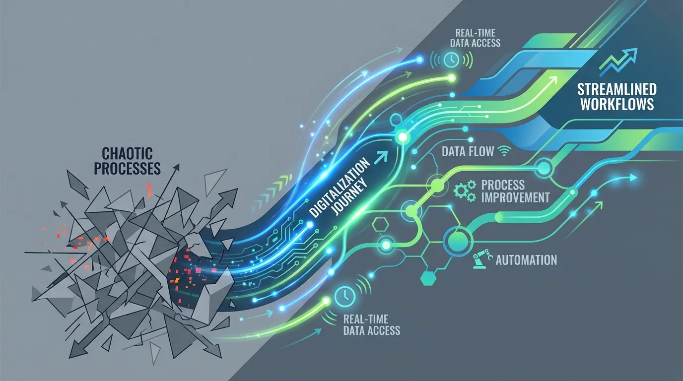 A diagram illustrating the digitalization of manufacturing and logistics processes, depicting the transition from chaos to efficiency through abstract shapes and dynamic lines.