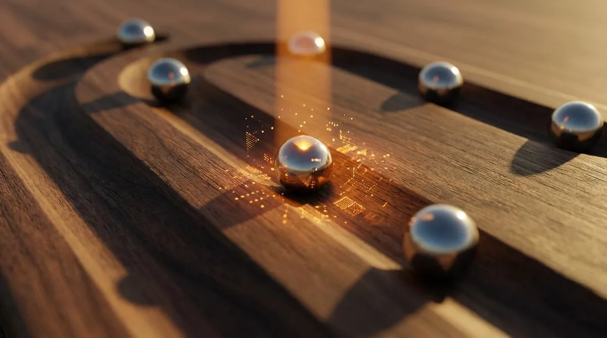 Macro photograph of a metal ball rolling along a wooden track, scanned by warm light, symbolizing the precise optimization of processes.