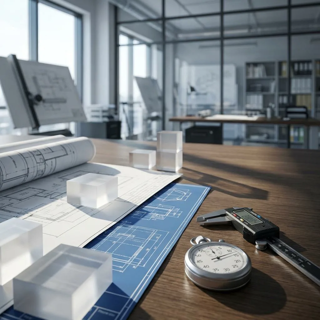 A dynamic-angle shot of an engineering desk with technical drawings, modular calculation components, and a precise stopwatch in a modern office.