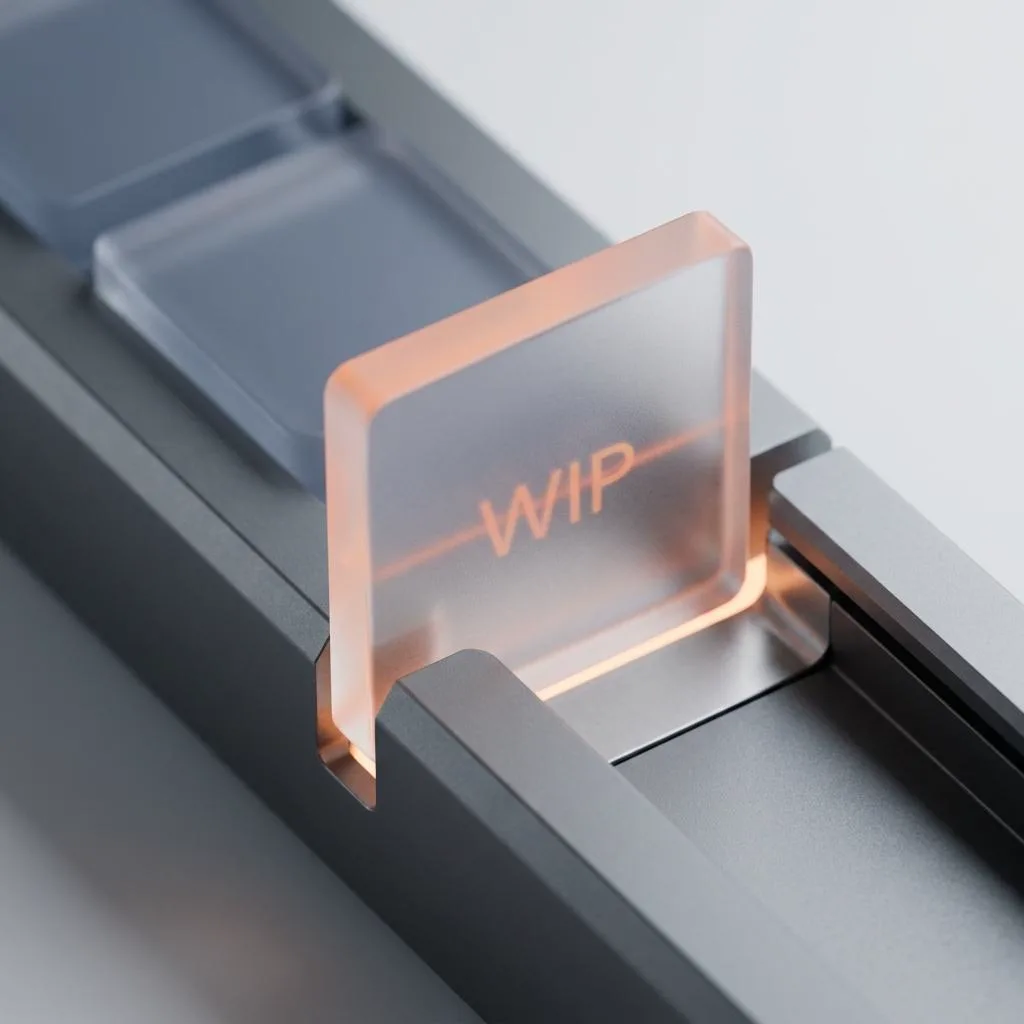 A macro photograph of a precision metal rail with semi-transparent task cards, one of which is highlighted in a coral warning color, symbolizing the automatic detection of bottlenecks in a Kanban process.