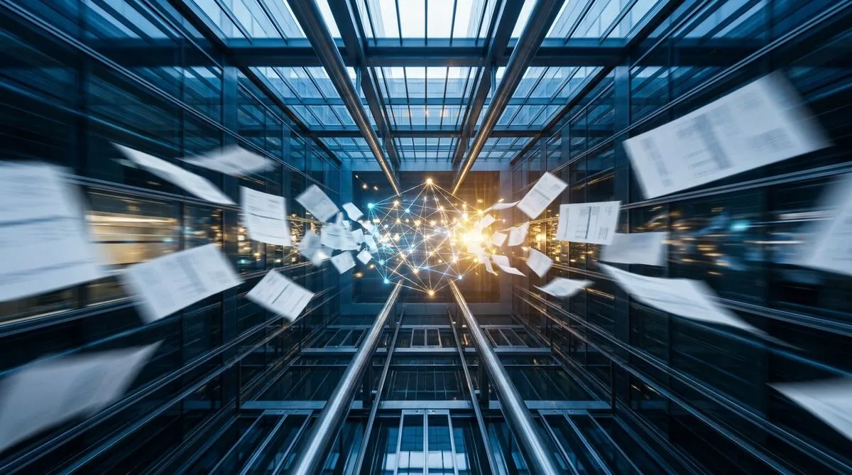 A symmetrical composition depicting a motion-blurred stream of physical invoices transforming into luminous digital data in a modern corporate space.