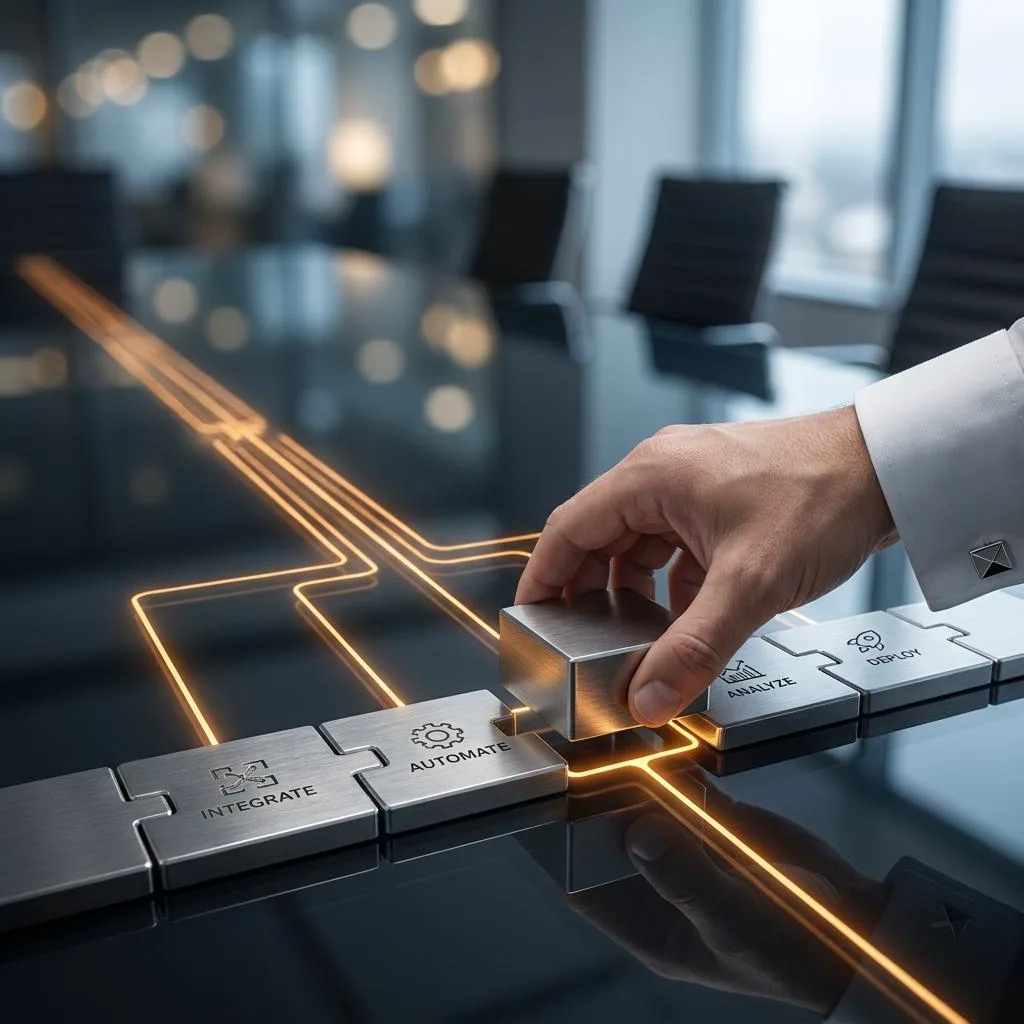 A manager's hand connecting metallic modular blocks on a glass table, symbolizing the visual design of business processes without writing code.