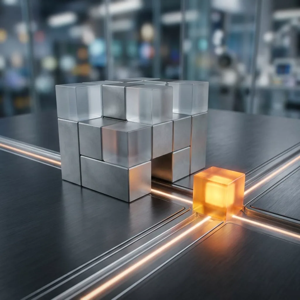 A set of elegant glass-and-metal modules, one of which glows amber and is seamlessly integrated into the rest of the structure, symbolizing a flexible Composable ERP system.