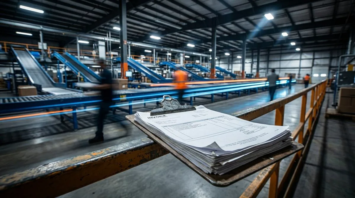 An artistic shot of a logistics warehouse, where a stack of paper documents occupies the foreground and the background is filled with a dynamic motion blur symbolising rapid digital processes.