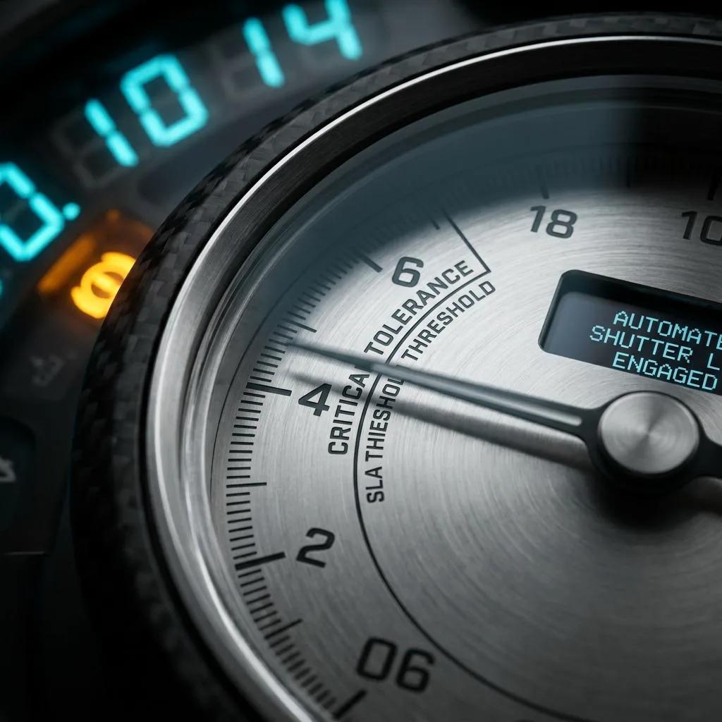 Macro close-up of a precision telemetry gauge with motion blur on the needle, illustrating automatic triggering of corrective tasks with a hard SLA upon exceeding a KPI threshold.
