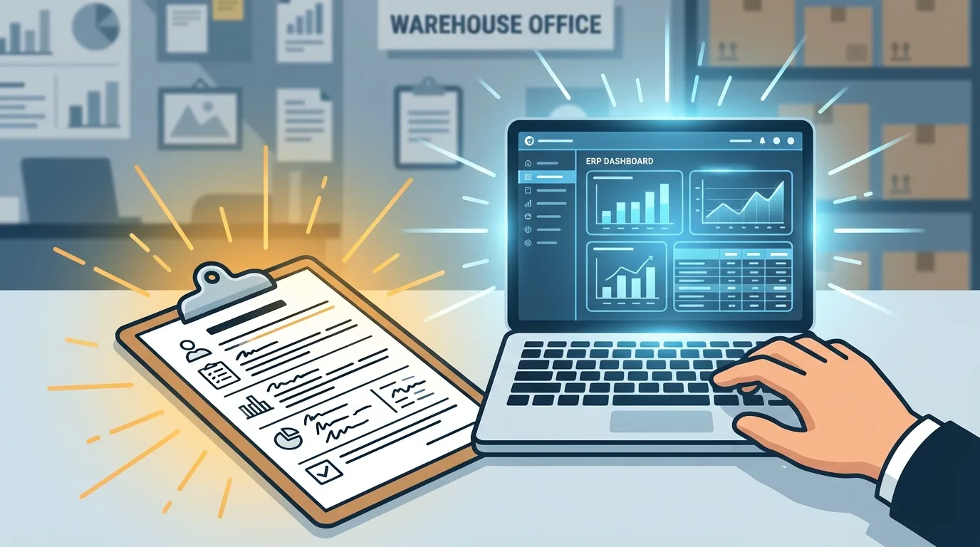 Close-up of a desk in a warehouse office: a paper form on a clipboard lies next to a laptop displaying a modern ERP system, symbolising manual data entry.