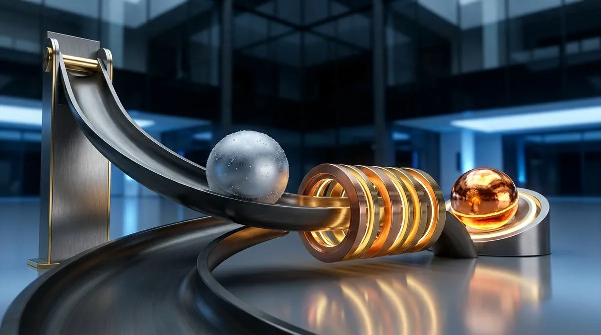 An abstract, precise mechanism with a metal ball transitioning from icy silver to warm copper, symbolizing the cold mailing funnel process.