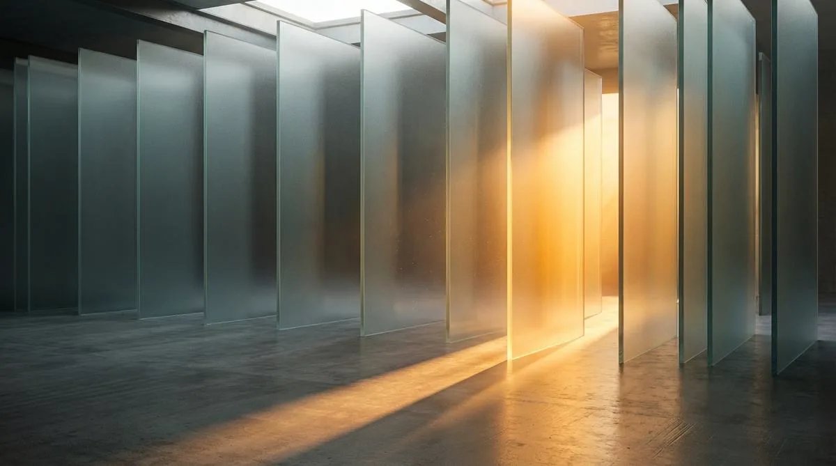 An abstract photograph of warm, golden light flowing smoothly through parallel, frosted glass barriers, symbolizing successful data integration and the elimination of information silos within a company.