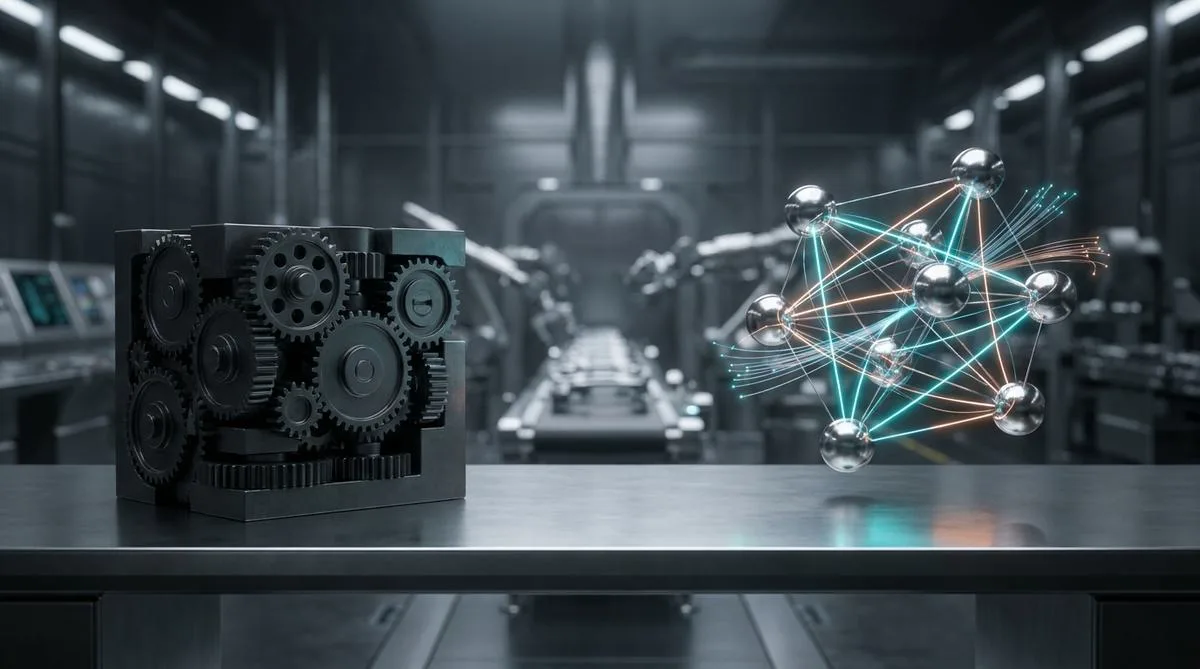 Abstract visualization contrasting a heavy, monolithic mechanism with a dynamic, luminous modular network on a metallic table, symbolizing the advantage of low-code and AI over traditional ERP systems.