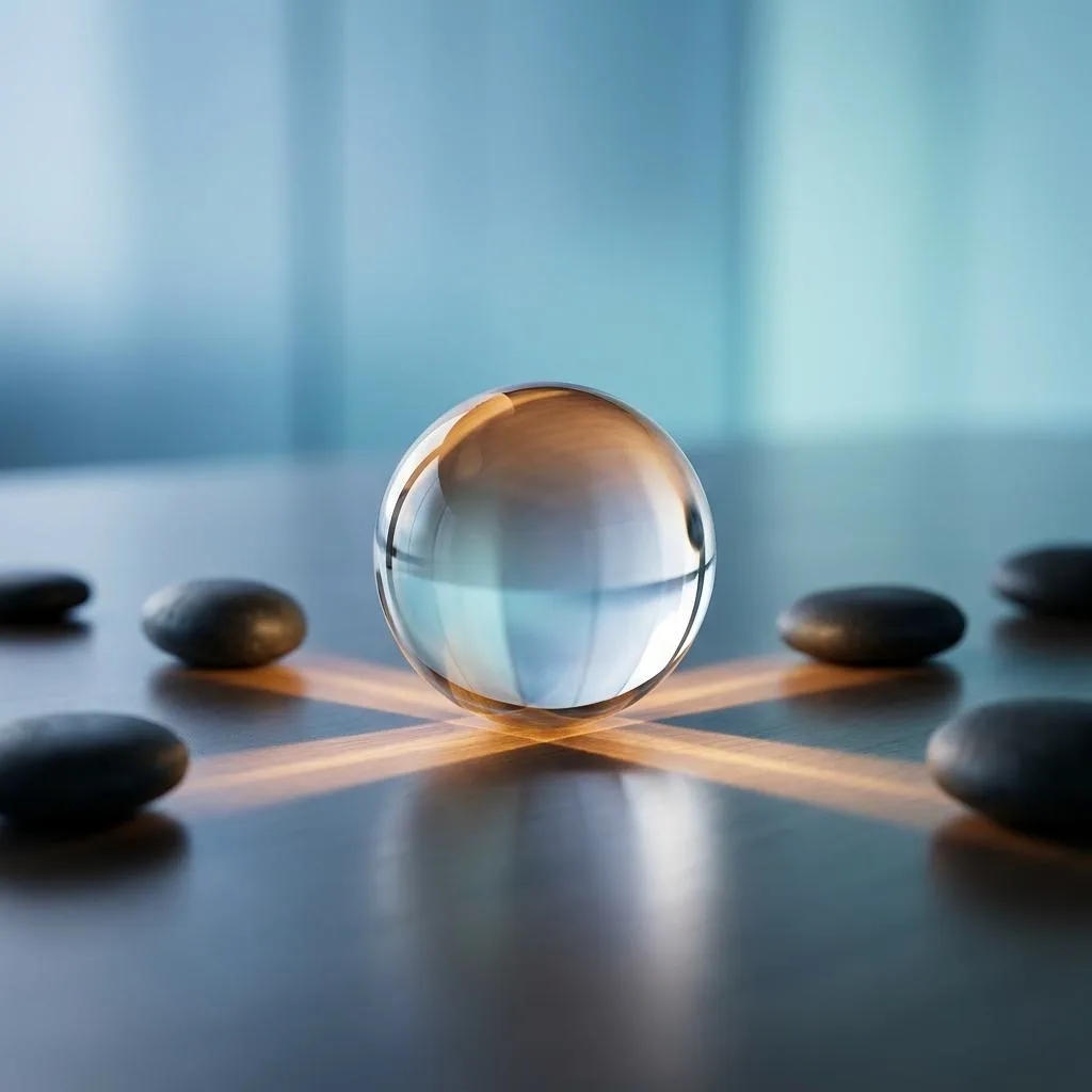 A minimalist photograph of a crystal ball on a dark table, scattering warm light onto the surrounding matte surfaces, symbolizing an internal ambassador of change.
