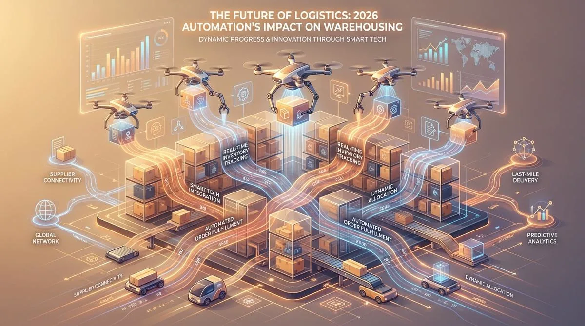 Infographic depicting the future of warehouses in 2026, illustrating automation and modern technologies in logistics.