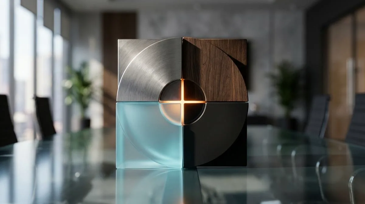 A symmetrical, elegant structure built from four interconnected modules with different textures, resting on a glass table against a blurred, modern office background. It symbolizes an integrated technology matrix.