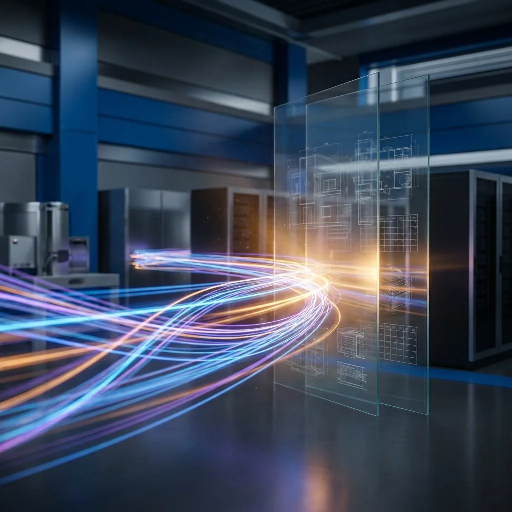 Blurred streams of light in motion forming structured glass panels with outlines of AI application interfaces.