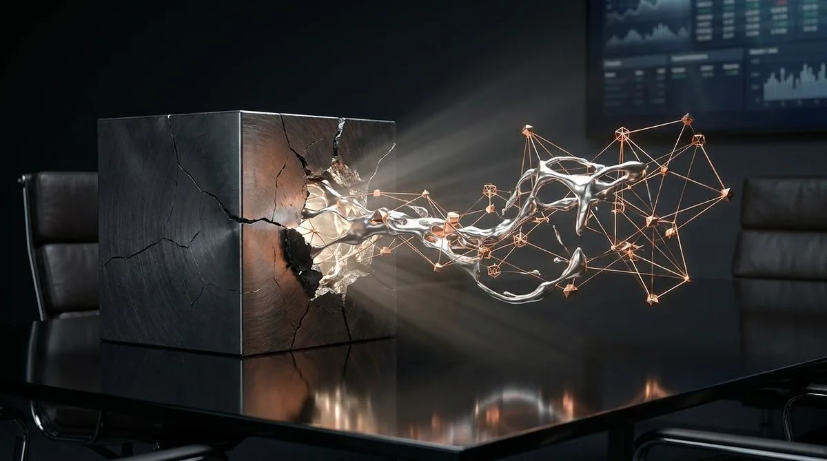 Abstract photographic composition on a glass table: a heavy, cracking metal monolith from which fluid, silver-copper geometric elements break free and autonomously arrange themselves into a network.