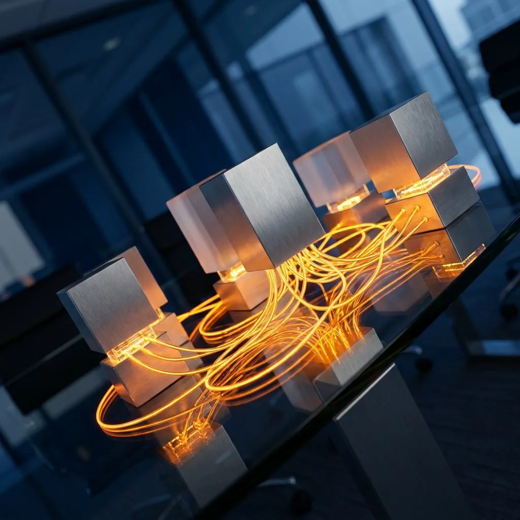 A metaphorical desk composition featuring steel blocks connected by glowing fiber optic cables, symbolizing the hidden integration costs of distributed ERP systems.