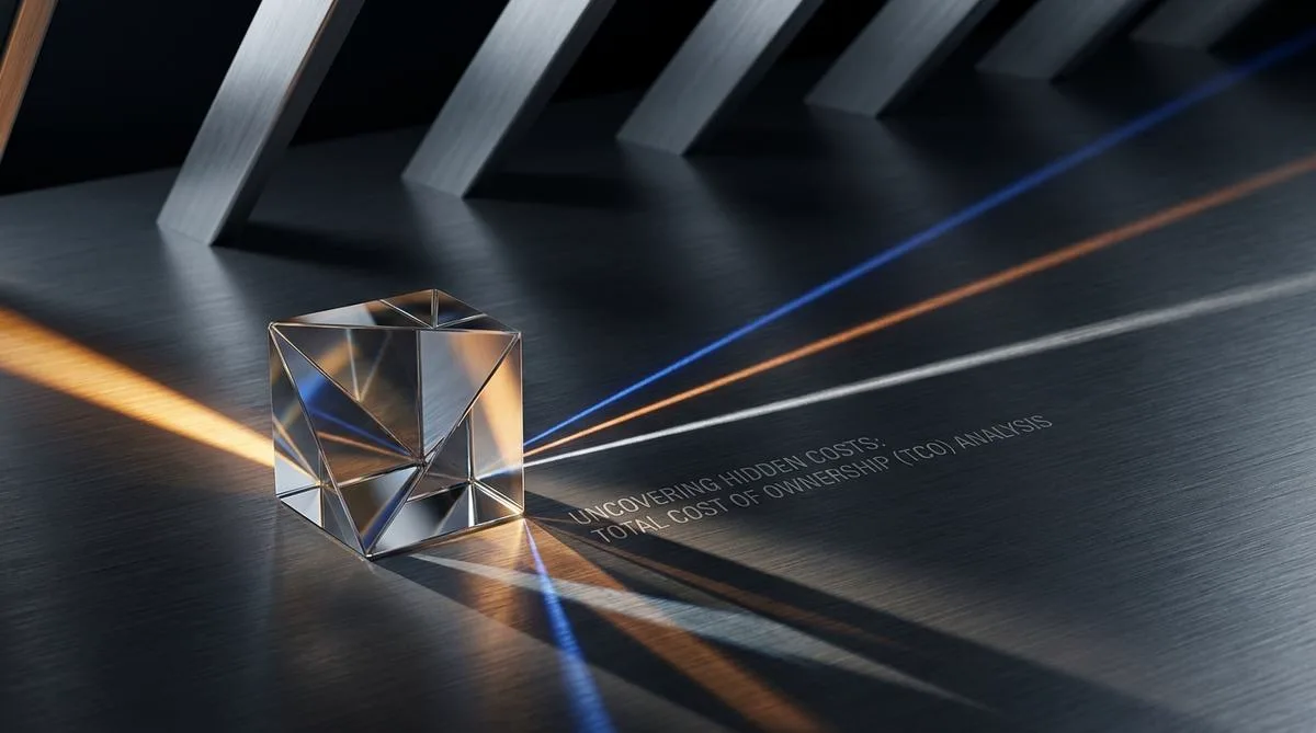 A glass prism on a titanium surface refracting light into smaller rays, symbolizing the detailed analysis of hidden TCO costs in modern ERP systems.