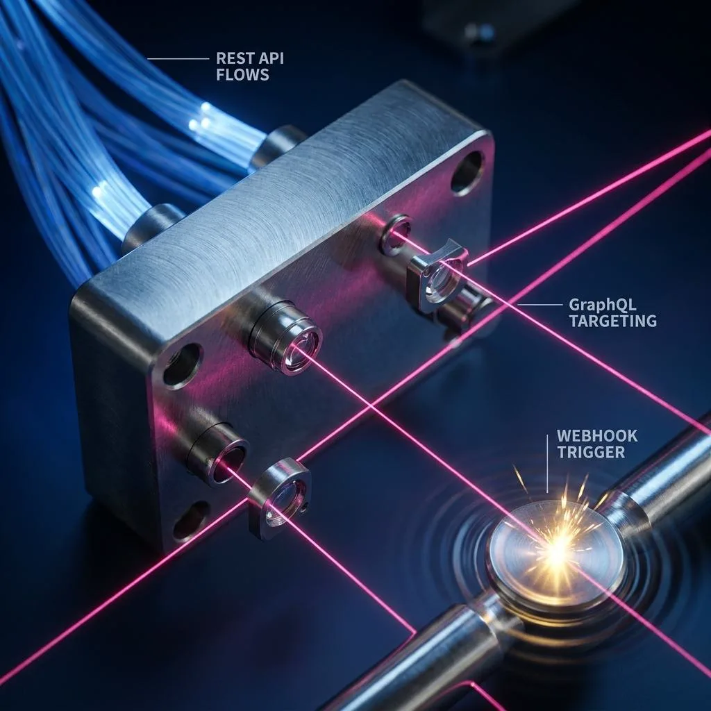An abstract, metallic installation featuring diagonal beams of fiber-optic light and precision lasers, symbolizing data exchange via REST API, GraphQL, and Webhooks.
