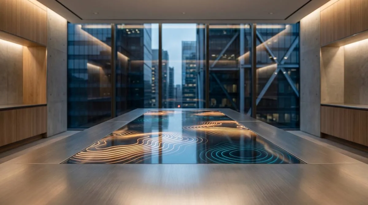 An elegant, minimalist table in a modern office, on whose metallic surface patterns of light data appear, symbolizing an invisible CRM system and Zero-UI technology.