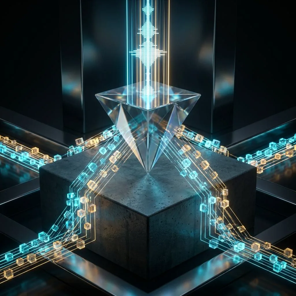 A symmetrical, modern photographic composition: a light sound wave strikes a geometric prism, releasing ordered streams of data above a concrete plinth.