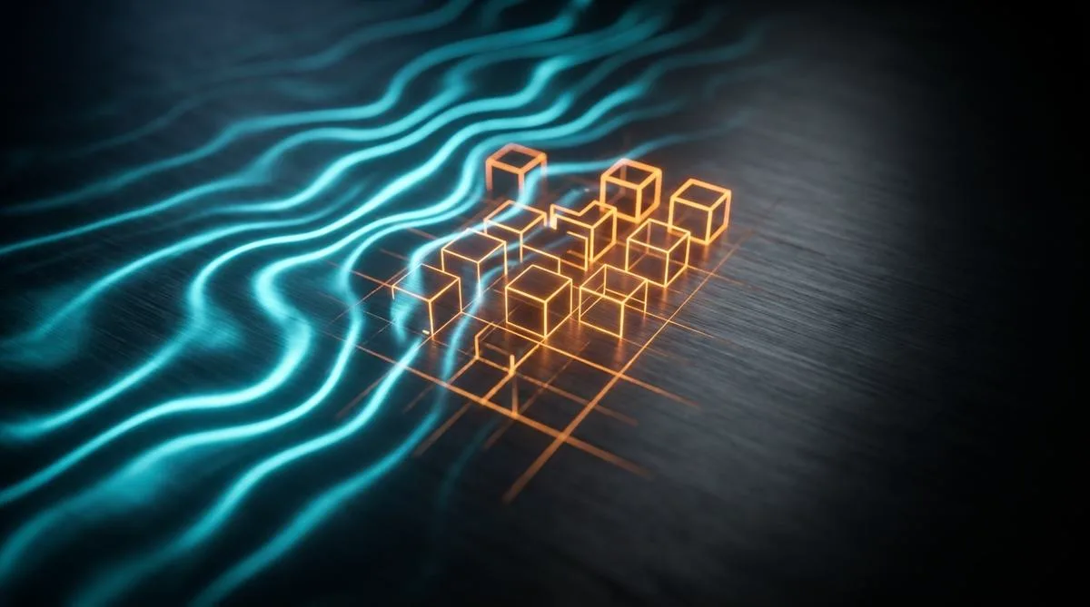 Macro photograph showing luminous sound waves transforming from left to right into sharp, geometric blocks against a dark metallic background.