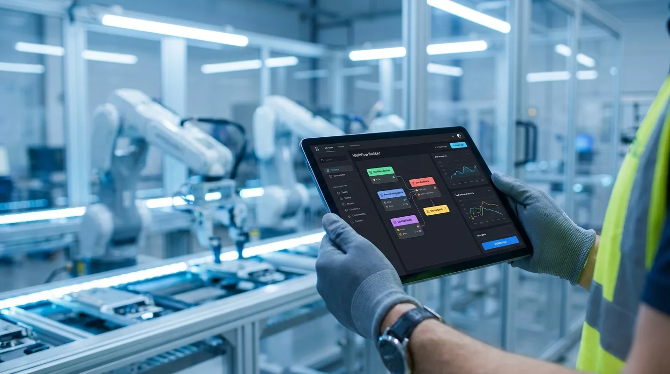 An employee's hands holding a tablet running a low-code application against the blurred backdrop of a modern production facility.