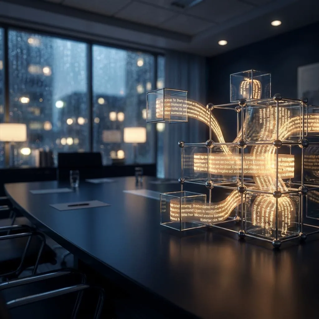 Luminous ribbons of text fluidly transforming into modular glass structures on a dark surface, symbolizing artificial intelligence building an ERP system from natural-language commands.