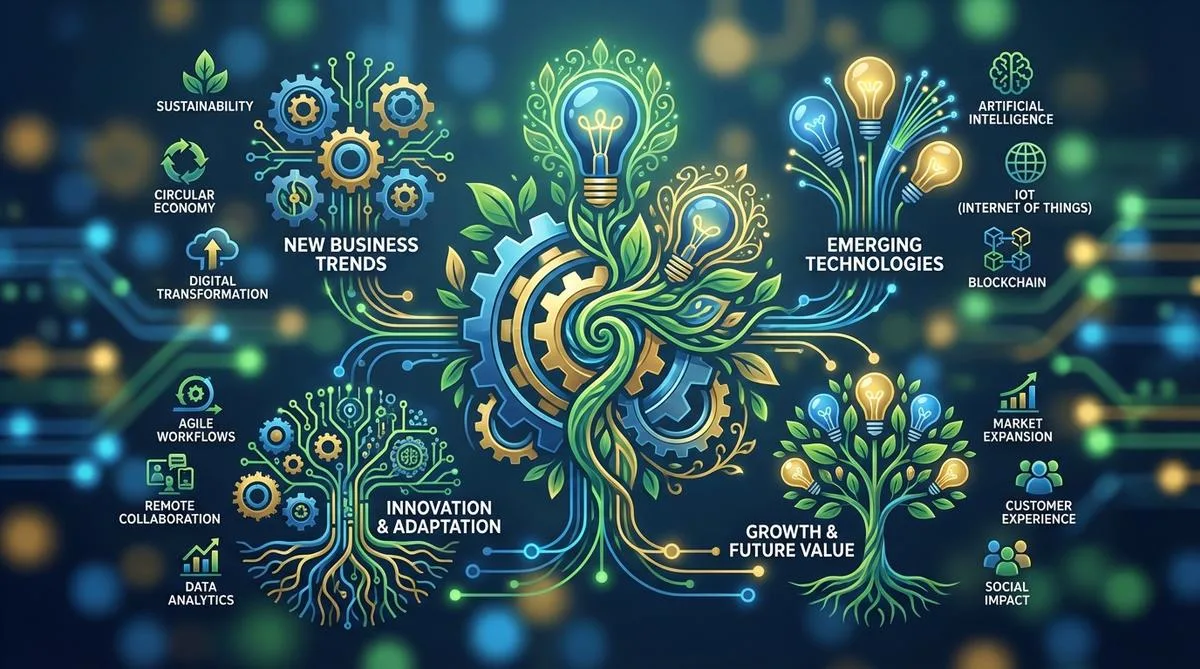 An abstract diagram depicting the symbiosis of new trends and technologies in 21st-century business, featuring symbols such as gears and light bulbs surrounded by organic elements.